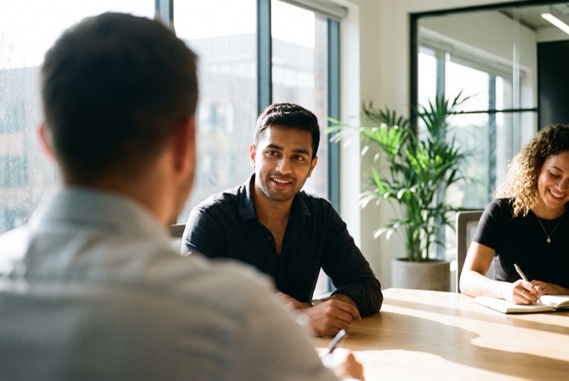 A candidate speaking with confidence in a job interview